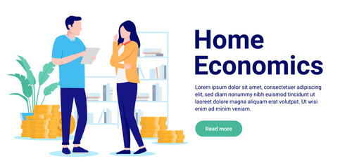 Home economics - Couple with man and woman talking and discussing finances and economy for family. Flat design vector illustration with white background and copy space for text
