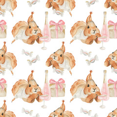 romantic evening squirrel valentine's day seamless watercolor pattern