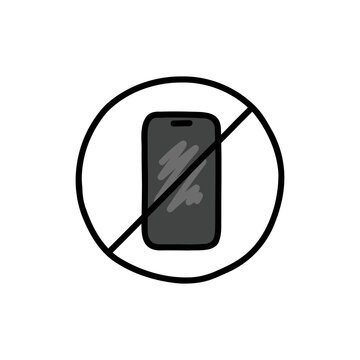 phones prohibited doodle icon, vector color line illustration