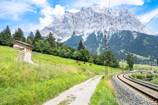 Railway with Mountain Zugspitze in the background, Ehrwald, Germany