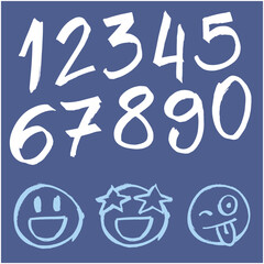 Vector hand drawn numbers with marker pen. 3 emojis, with different expressions, happy, with star and wink and sticking out tongue. Blue background, it is possible to edit the colors. Numbers 0 to 9. 