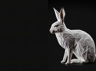 White rabbit in origami-style sitting. Copy space. Origami white bunny isolated on black. Luxury illustration for business greetings. Text space. Generative art.