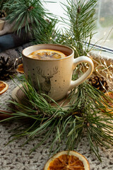 Green tea in a transparent, glass teapot. Dried oranges and Christmas tree branches