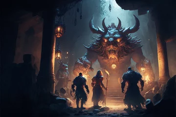 fantasy adventure party in the night faces a monster © Divinisphere