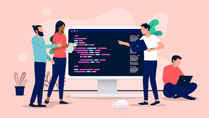 Developers working - Team of web developing people talking and discussing while doing work on code on computer screen. Flat design vector illustration