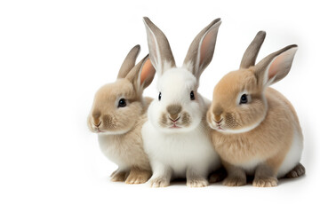  Easter Bunny Rabbits, three cute fluffy dwarf bunnies sitting together on a white background. AI generative