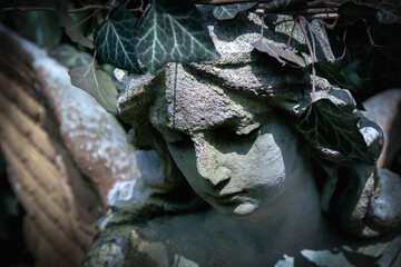 Death. Beautiful tender bow of angel looking down as symbol of pain, fear and end of life.