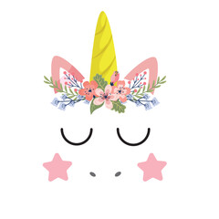 Vector flat pink unicorn face icon with flowers and  eyes icon.