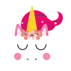 Vector flat pink unicorn face icon with flowers and  eyes icon.