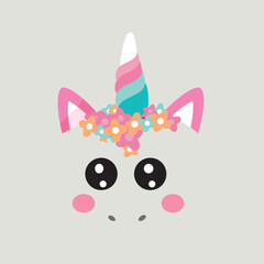 Vector flat pink unicorn face icon with flowers and  eyes icon.