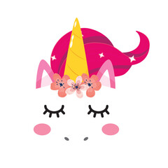 Vector flat pink unicorn face icon with flowers and  eyes icon.