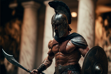 Illustration of spartan warrior in armor with shield and sword, masculine antique Greek military, muscular ancient soldier, realistic ai generated art