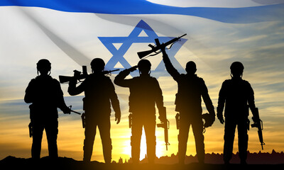 Fototapeta na wymiar Silhouettes of soldiers against the sunrise and Israel flag. Concept - armed forces of Israel. EPS10 vector