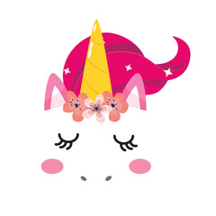 Vector flat pink unicorn face icon with flowers and  eyes icon.