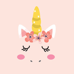 Vector flat pink unicorn face icon with flowers and  eyes icon.