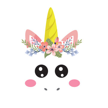 Vector flat pink unicorn face icon with flowers and  eyes icon.