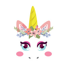 Vector flat pink unicorn face icon with flowers and  eyes icon.