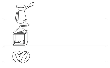 continuous line drawing vector illustration with FULLY EDITABLE STROKE of coffee jezve coffee grinder beans