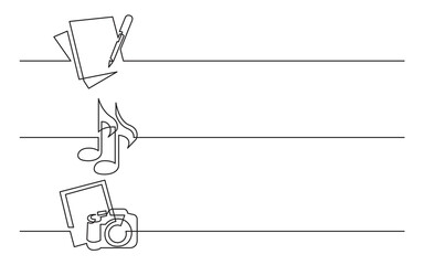 continuous line drawing vector illustration with FULLY EDITABLE STROKE of documents music photos