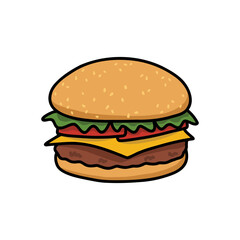 burger doodle icon, vector color line illustration