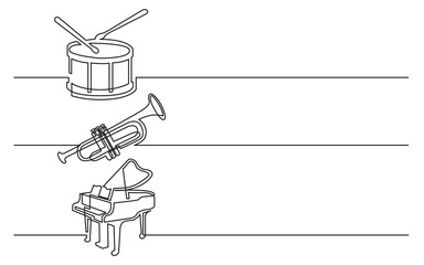 continuous line drawing vector illustration with FULLY EDITABLE STROKE of drum drumstick trumpet grand piano