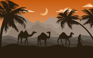 Fototapeta na wymiar Saudi arab, old camels in desert. Arabian dunes and sand, history islam trade, adventure in caravan. Sahara safari, palms silhouette, night landscape. Vector illustration current background