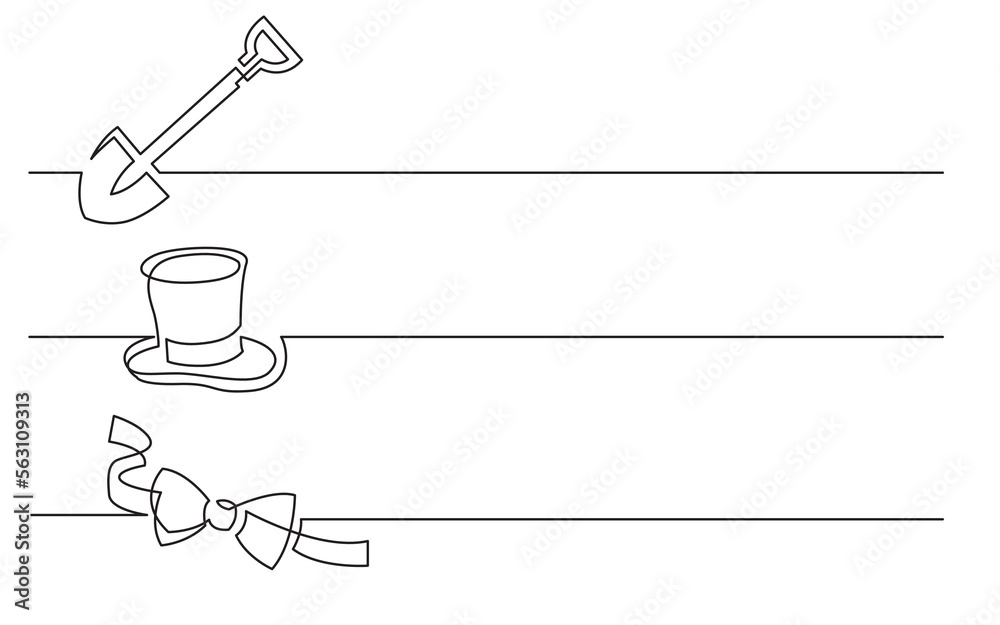 Wall mural continuous line drawing vector illustration with FULLY EDITABLE STROKE of shovel top hat bow tie