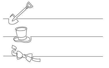 continuous line drawing vector illustration with FULLY EDITABLE STROKE of shovel top hat bow tie