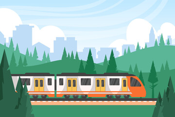 Fast train railway. Railroad side. Modern rail landscape. Speed transportation. Country road station. High travel industry. Forest scenery. Nature panorama. Vector flat garish background