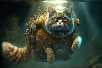 Scuba diving steampunk cat swimming in the ocean illustration generative ai