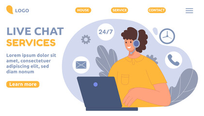 Customer service desk, helpline landing page. Client support on phone, hotline problem help, business chat. Woman working on laptop. Vector cartoon flat illustration tidy web banner template