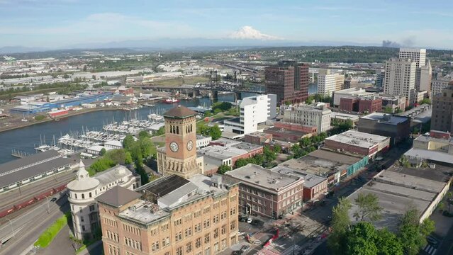 Flyover of Tacoma Washington Downtown Towards Mount Rainier Old Bridge Then Industrial Port
