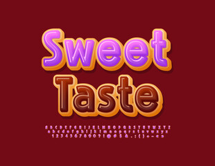 Vector advertising banner Sweet Taste. Violet glazed Font. Creative delicious Alphabet Letters and Numbers set.