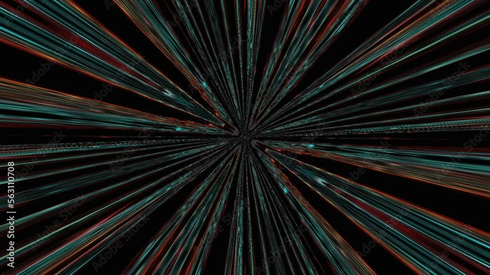 Sticker flying through rotating colorful red and blue line tunnel. glowing outline fractal design on black b