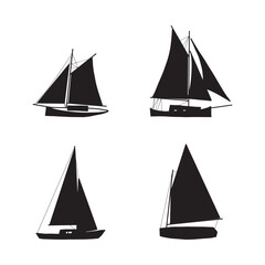 Fishing boat black silhouette. Small ships in flat design. Kid toy style. Vector illustration on white background