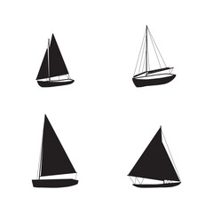 Fishing boat black silhouette. Small ships in flat design. Kid toy style. Vector illustration on white background