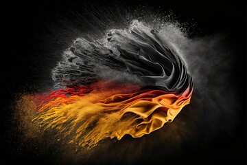 illustration of German Flag, fine dust exploding on a black background, Generative AI