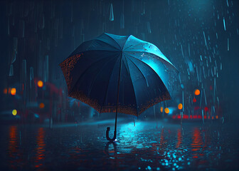 Rain drops from a black umbrella concept for bad weather on night background. AI Generated