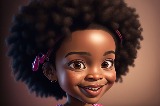 Portrait of a pretty girl with afro hair and a purple ribbon. Cartoon kid with black eyes smiling close up. AI generative