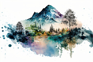 Panorama with mountains and trees in watercolor - generated by Generative AI
