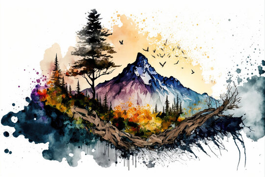 Panorama with mountains and trees in watercolor - generated by Generative AI
