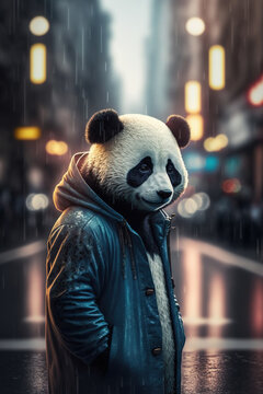 Panda street fashion portrait. AI