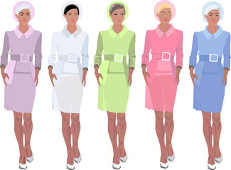 Girl in a suit and hat hand-drawn in a vector style in five different options.