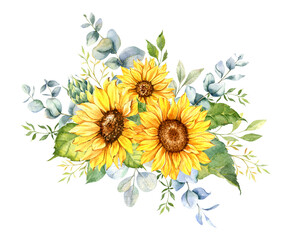 Watercolor sunflowers bouquet, hand painted sunflower bouquets with greenery, sunfower flower arrangement. Wedding invitation clipart elements. Watercolor floral. Botanical Drawing. White background. 