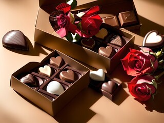 Valentine's Day Chocolate Hearts Gift Box, with Bouquet of Roses 