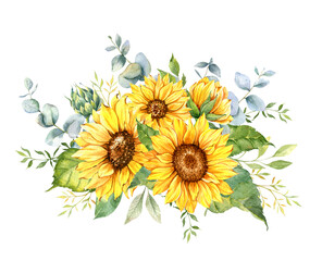 Watercolor sunflowers bouquet, hand painted sunflower bouquets with greenery, sunfower flower arrangement. Wedding invitation clipart elements. Watercolor floral. Botanical Drawing. White background. 