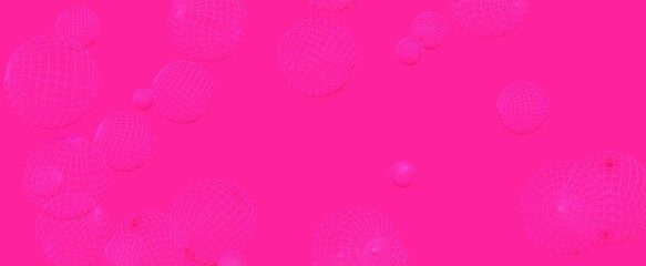 Mesh balls on pink background. Round carmine digital spheres flying in 3d render futuristic red flow. Network geometric banner for web presentation