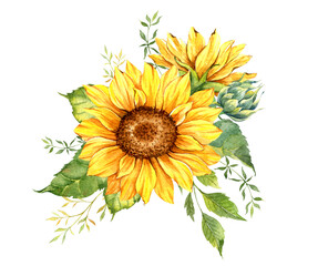 Watercolor sunflowers bouquet, hand painted sunflower bouquets with greenery, sunfower flower arrangement. Wedding invitation clipart elements. Watercolor floral. Botanical Drawing. White background. 