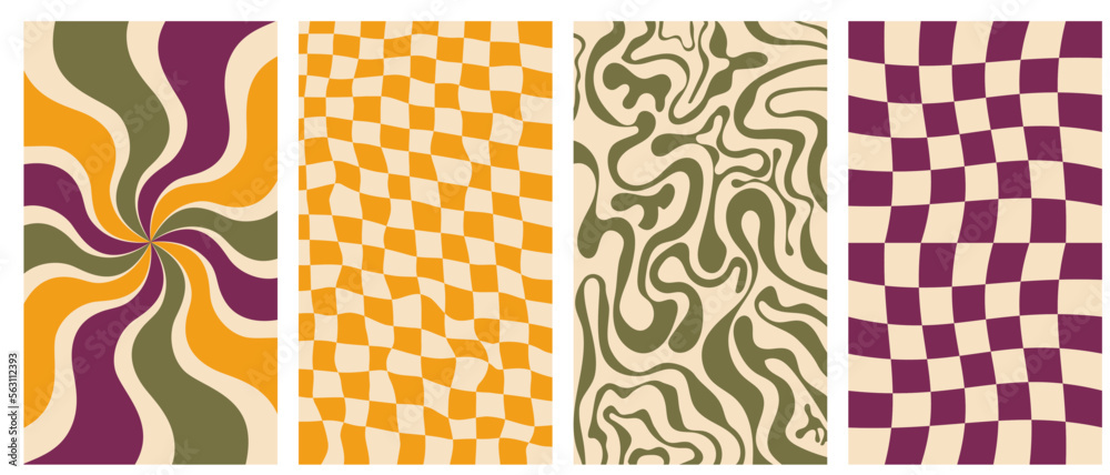 Wall mural groovy hippie 70s vector backgrounds set. chessboard and twisted patterns. backgrounds in trendy ret
