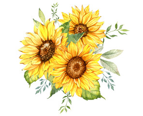 Watercolor sunflowers bouquet, hand painted sunflower bouquets with greenery, sunfower flower arrangement. Wedding invitation clipart elements. Watercolor floral. Botanical Drawing. White background. 